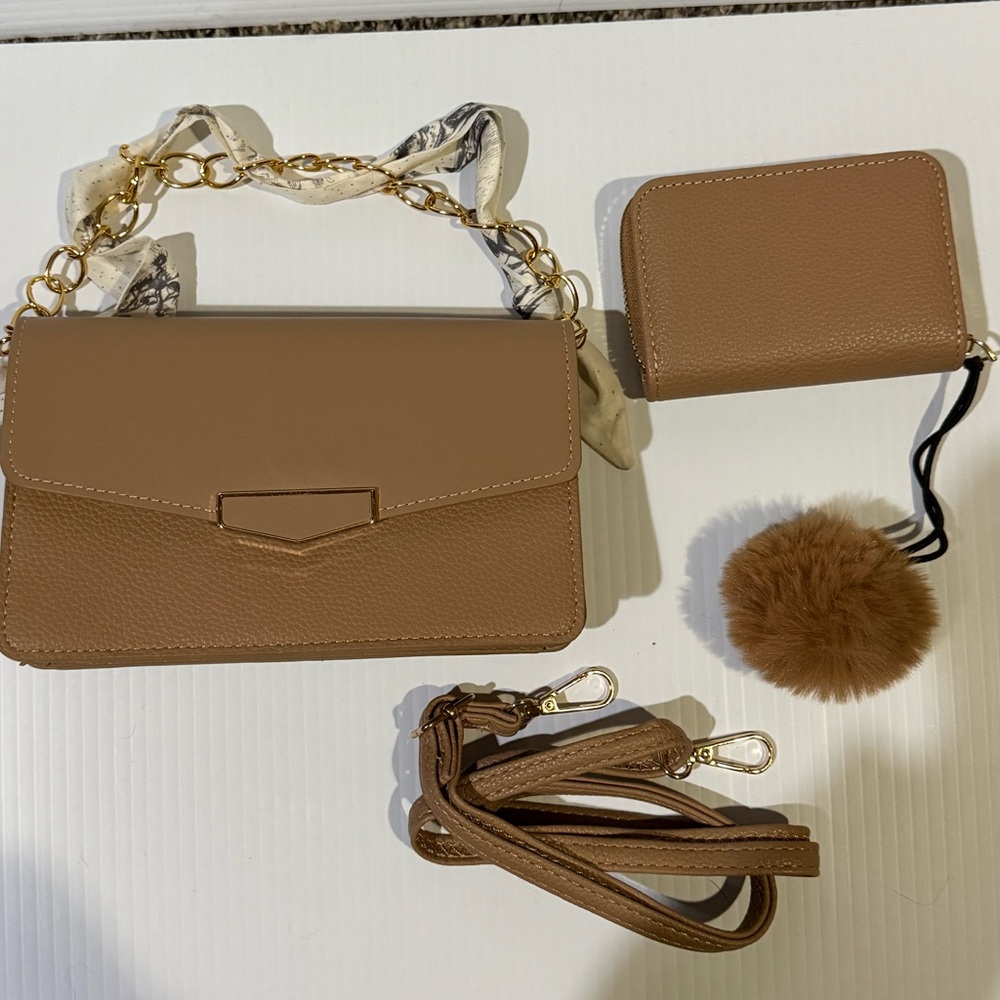 NWT Taupe Handbag with FREE Crossbody Strap, Decorative Twilly, Pom Pom & Wallet